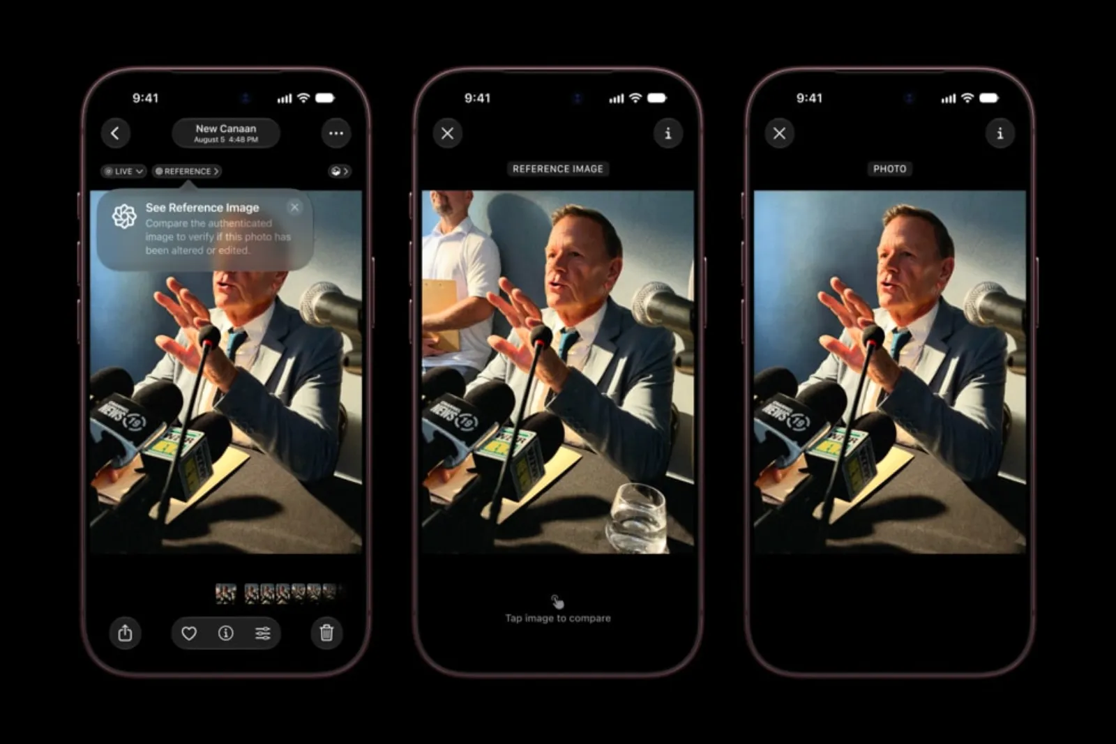 Three iPhones: a See Reference Image prompt in the Photos app, the reference image of a press conference, and the normal photo with a person and a glass removed