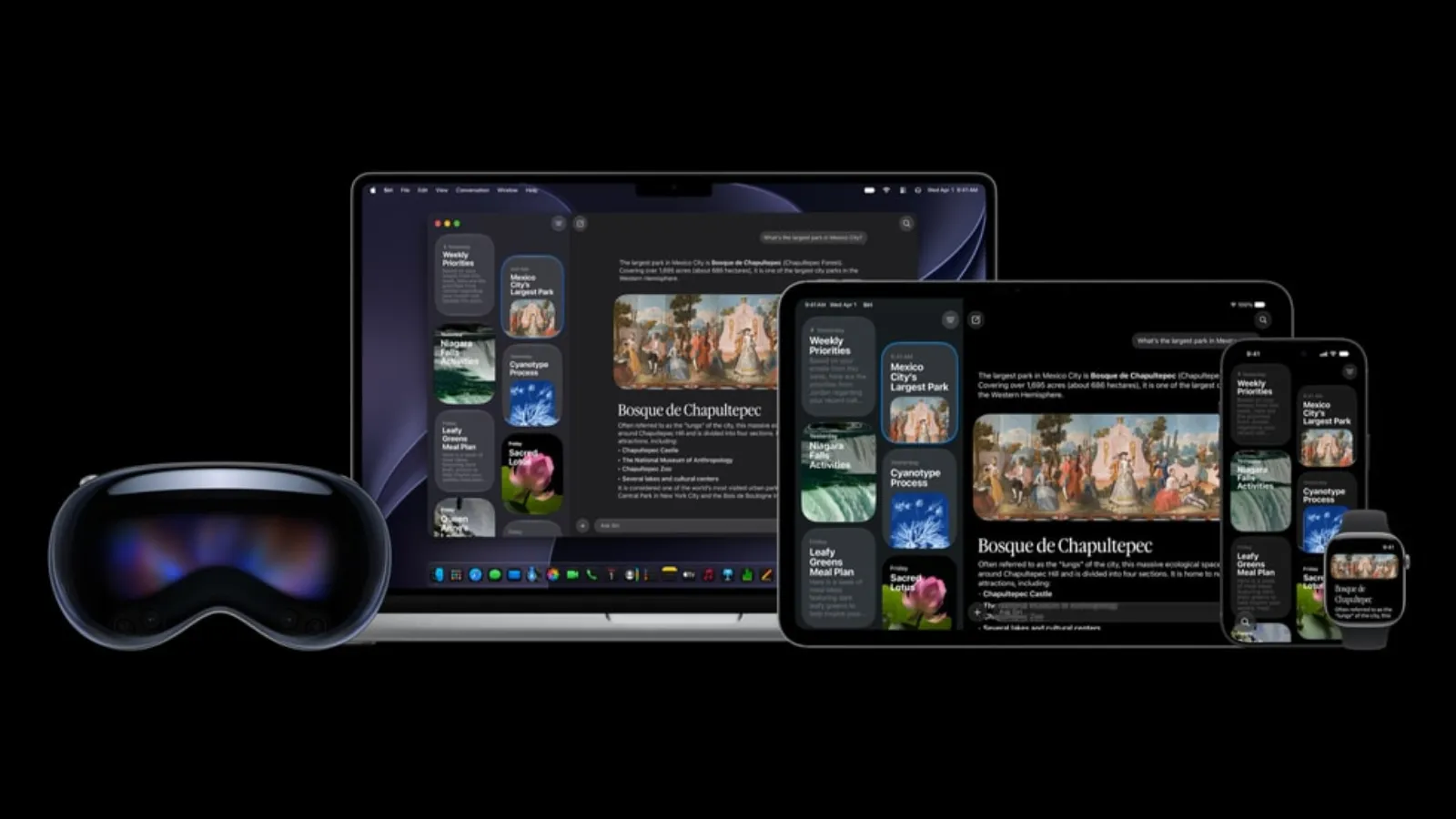 The Siri app showing the same conversation history on Vision Pro, MacBook, iPad, iPhone and Apple Watch
