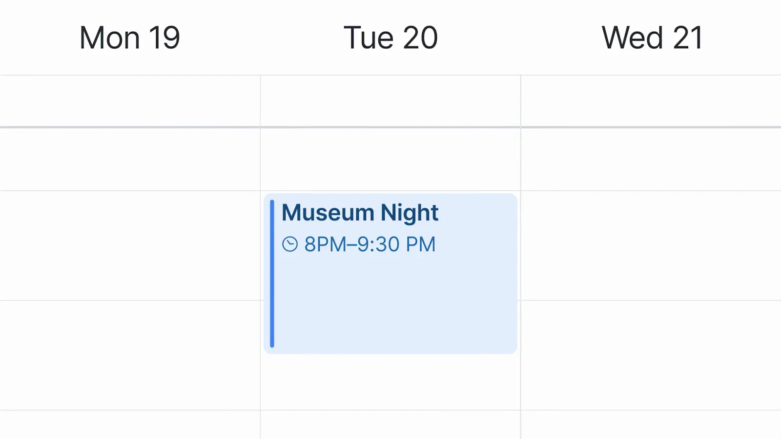 De agenda in ChatGPT met een nieuwe afspraak Museum Night op dinsdag 20 van 20.00 tot 21.30 uur