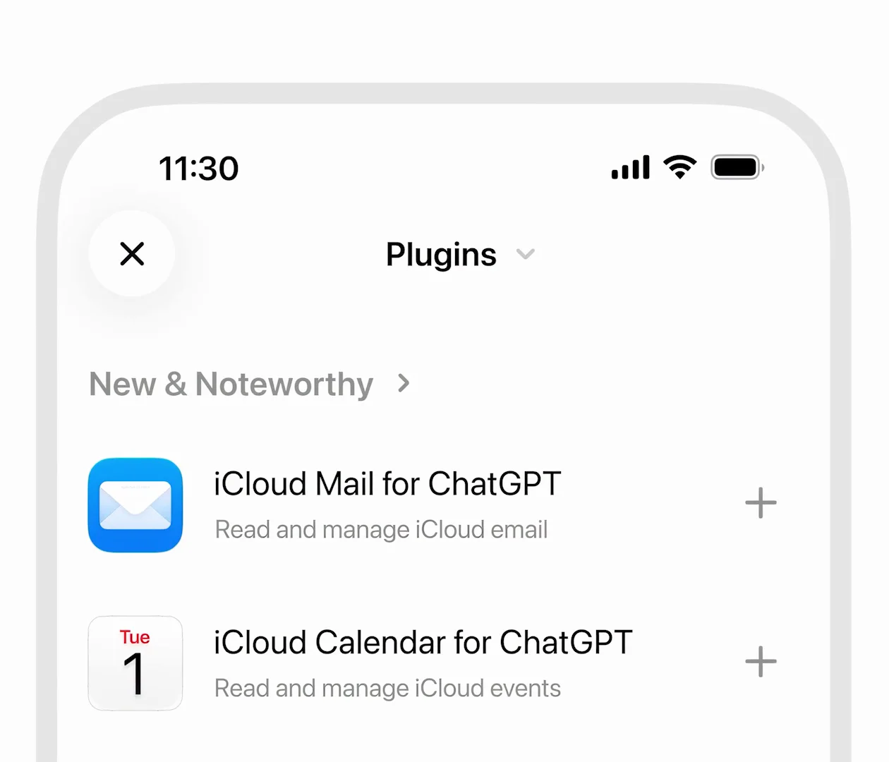 Het Plugins-scherm in ChatGPT op een iPhone met iCloud Mail for ChatGPT en iCloud Calendar for ChatGPT, elk met een plusknop om te koppelen