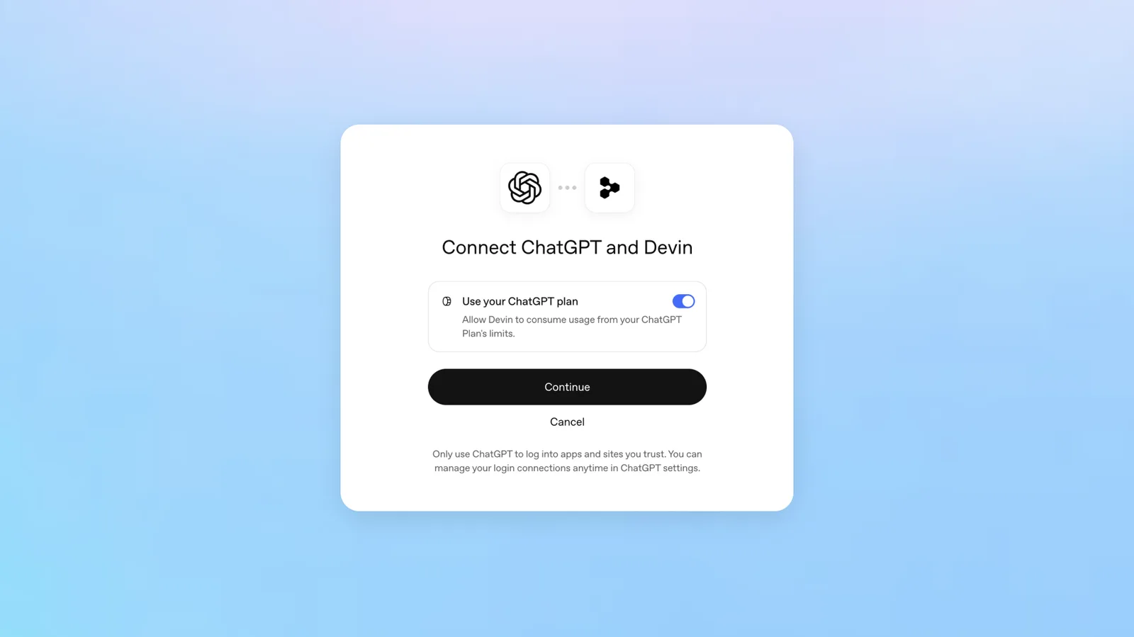 Het venster waarmee je ChatGPT koppelt aan een andere app, met de optie om je ChatGPT-abonnement te gebruiken