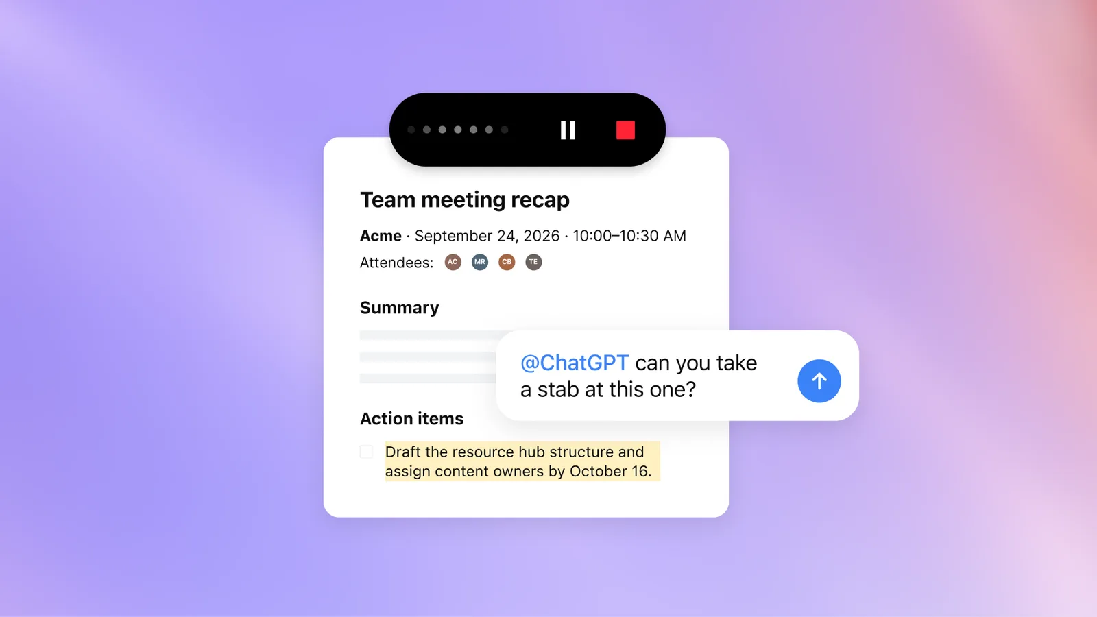 Een samenvatting van een teamoverleg met actiepunten en een verzoek aan @ChatGPT