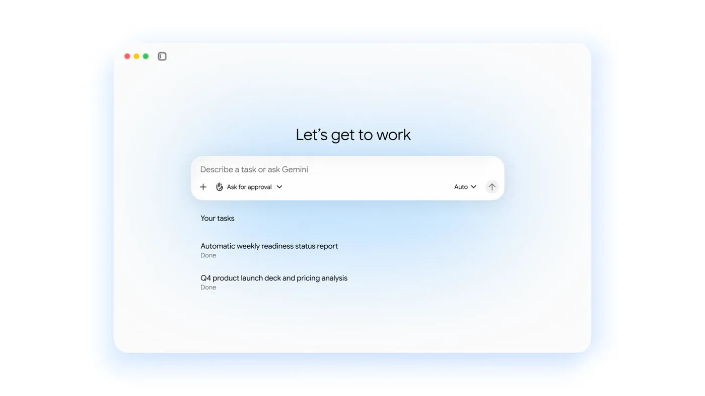 The Gemini agent start screen with the prompt "Describe a task or ask Gemini", an "Ask for approval" button and two completed tasks