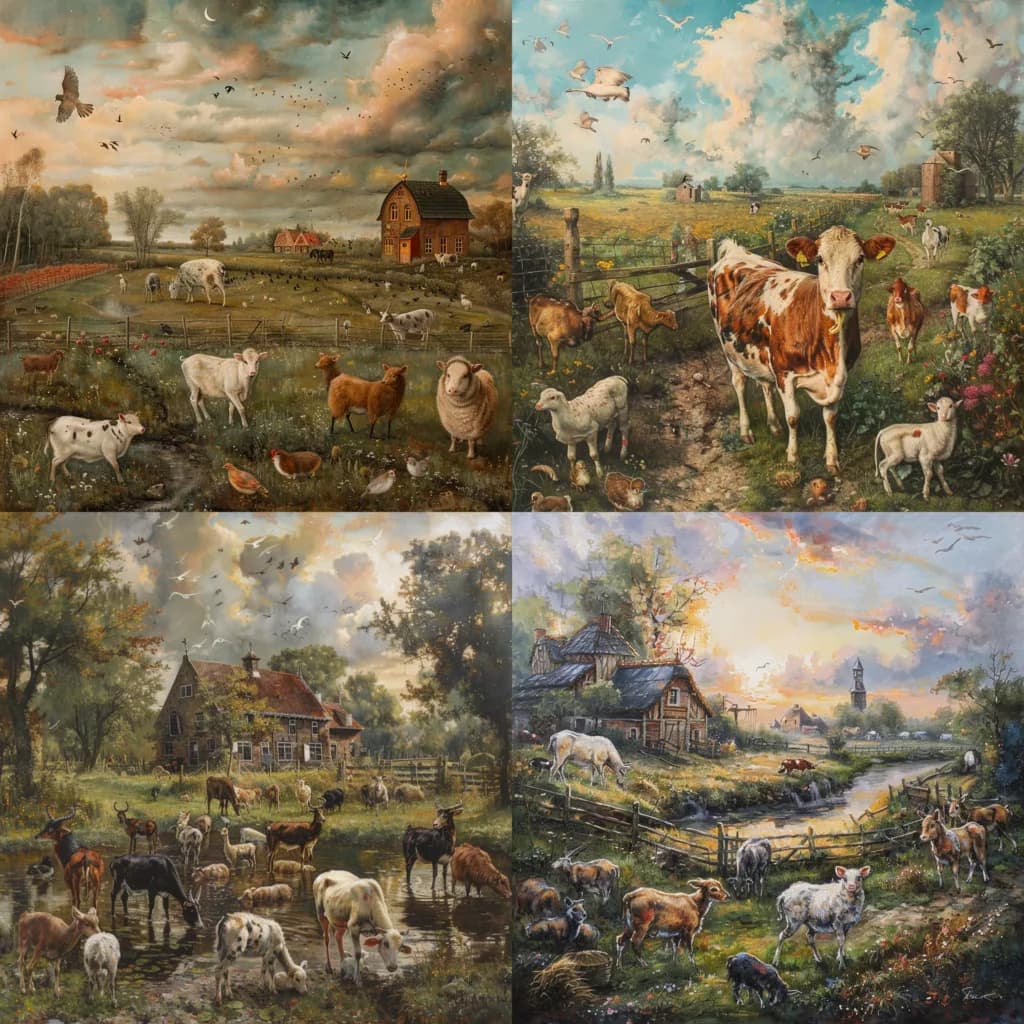 A farm with cows, pigs and other animals, third variant