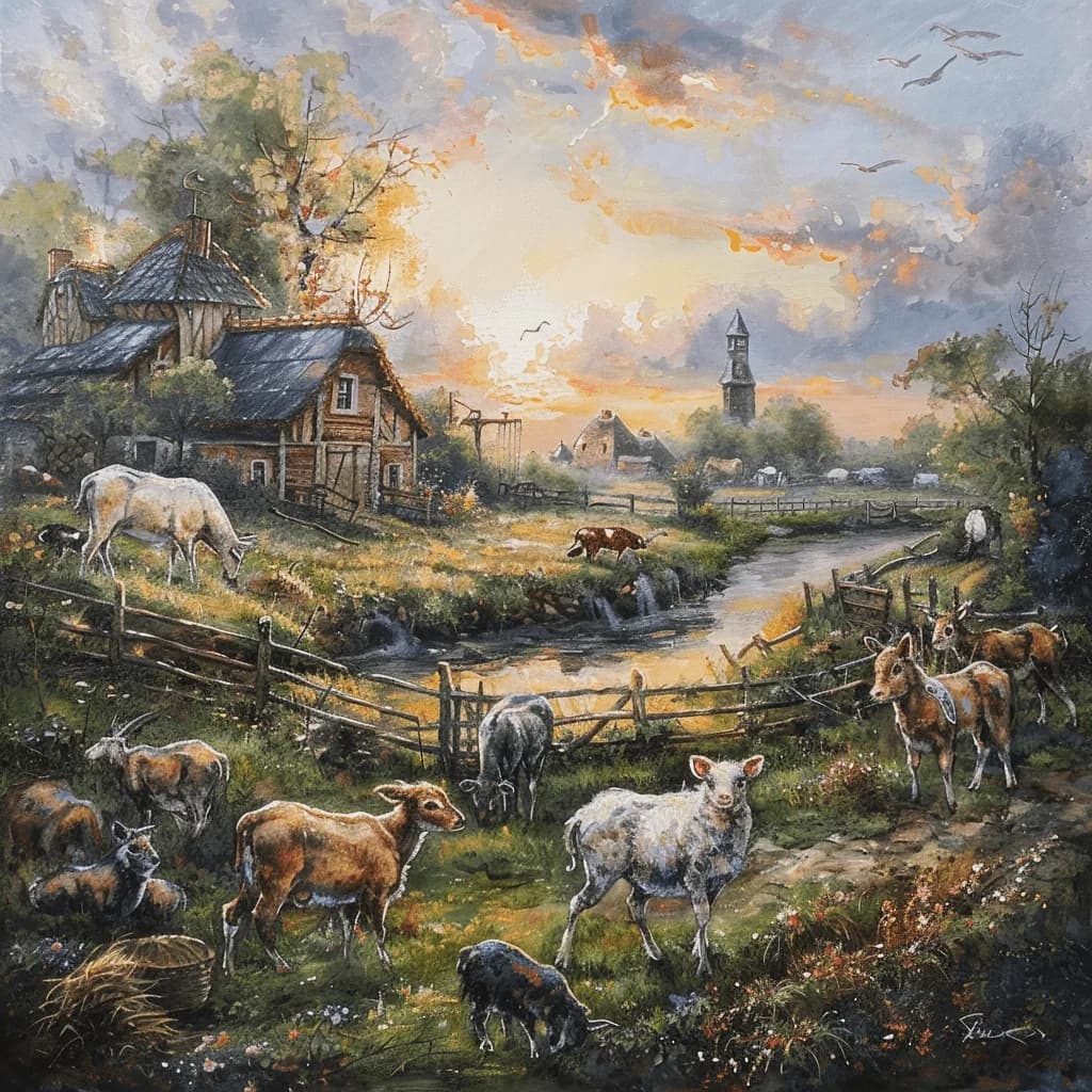A farm with cows, pigs and other animals