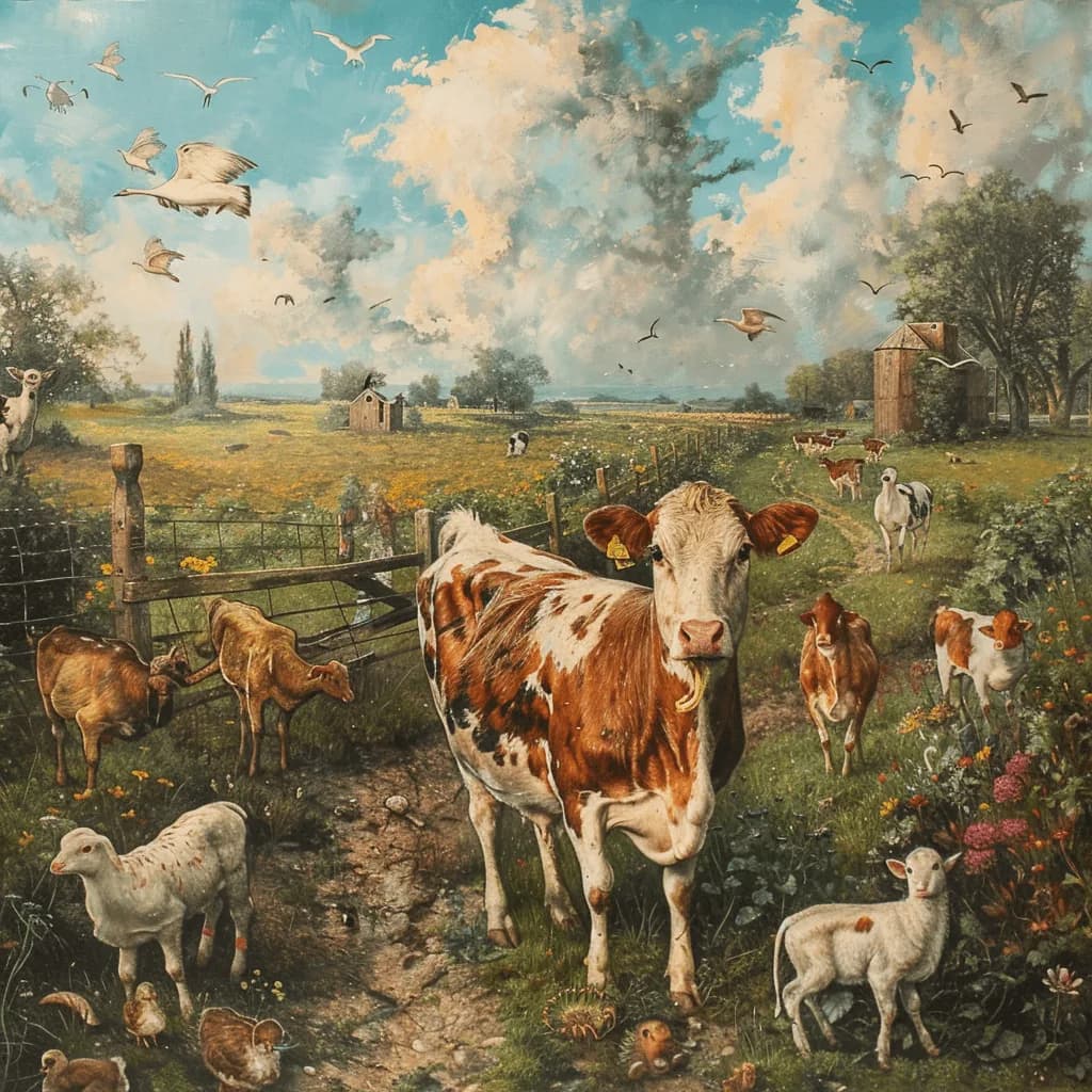 A farm with cows, pigs and other animals, second variant